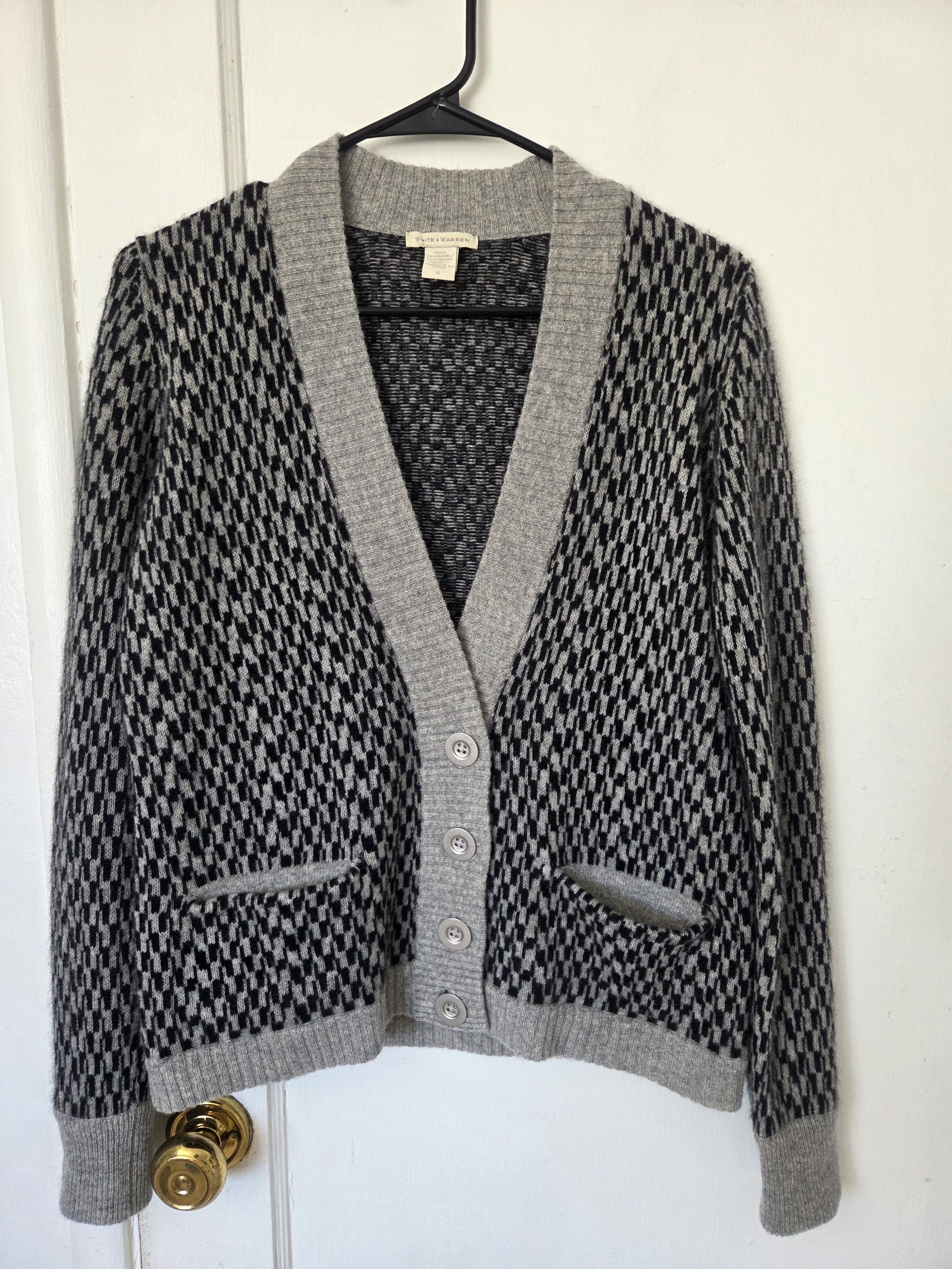 White + Warren Black And Gray Houndstooth V-Neck Cashmere Cardigan Sweater Small